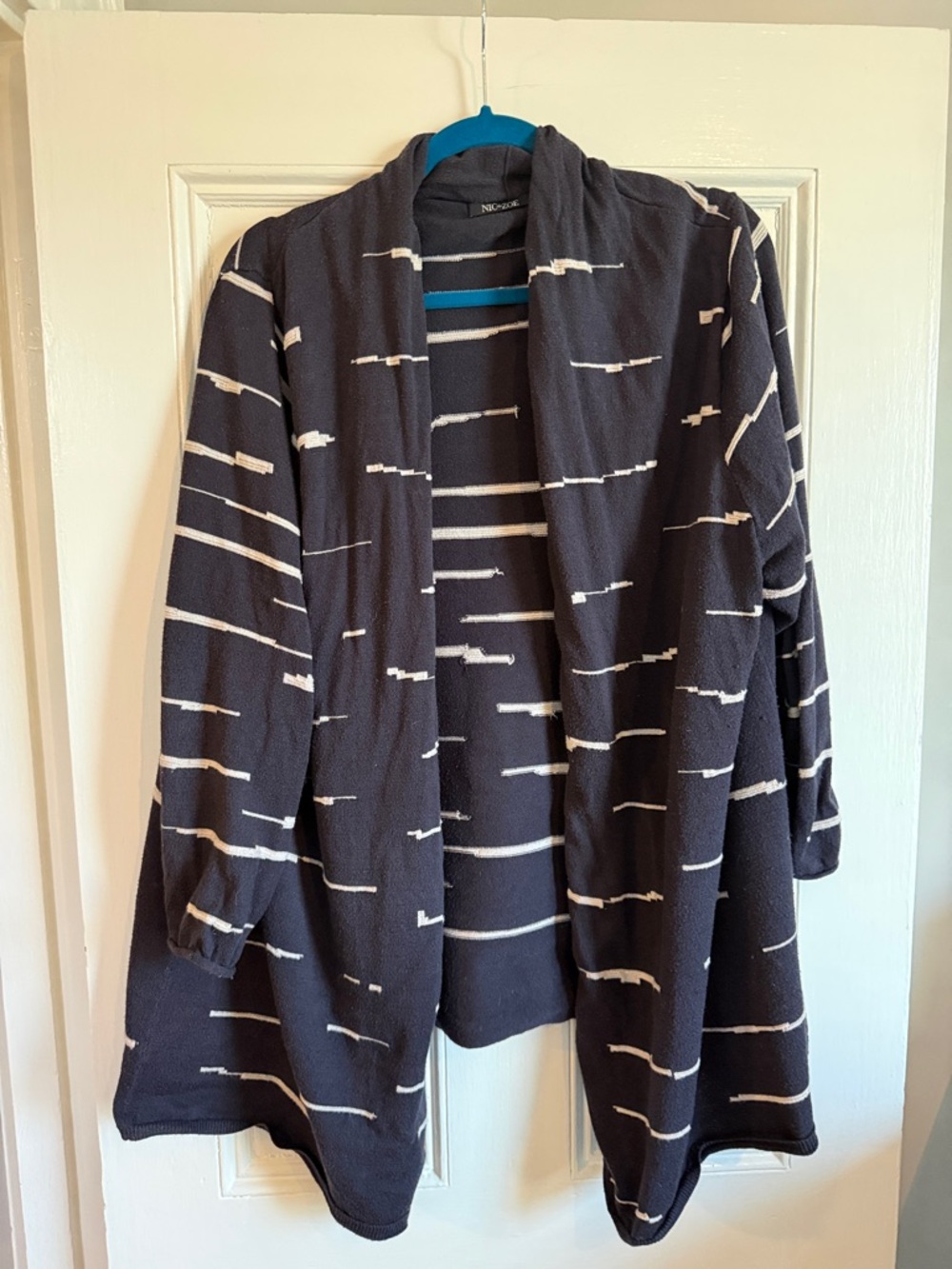 NIC+ZOE Muted Navy Open-Front Stripe Cardigan with Ecru Accents 2x